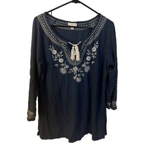 Charter Club Pullover Top Women’s Blue Embroidered Tunic Medium